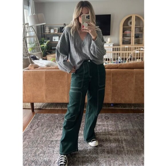 By Dyln Cooper Contrast Stitch High Rise Wide Leg Jeans Baggy Pants Green Small - Picture 13 of 13